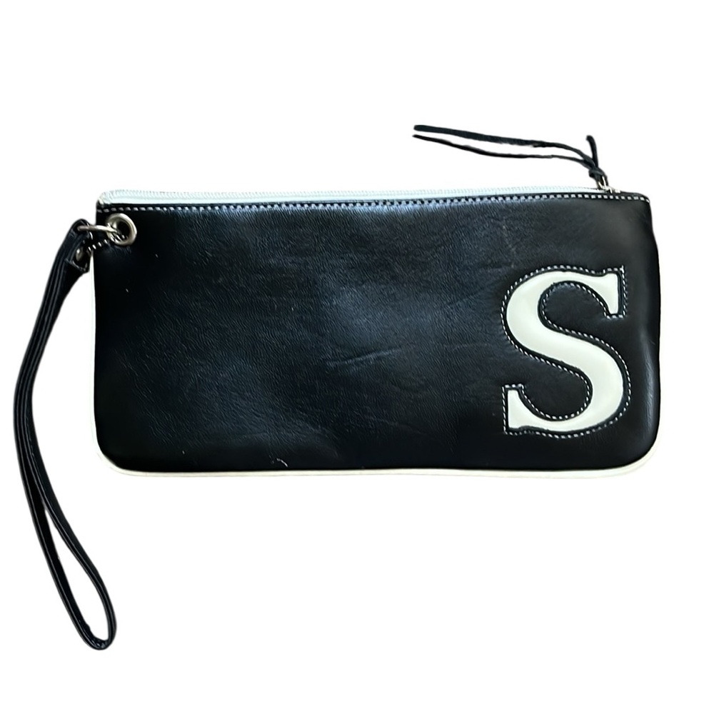 Black & White Leather Wristlet Clutch with 'S' Initial